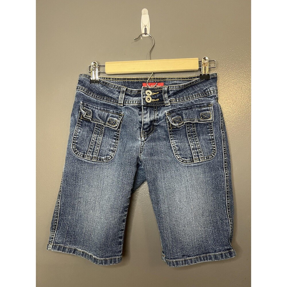 Hot Bottoms Shorts Womens 5/6 Blue Denim Bermuda Cargo Pockets Stretch